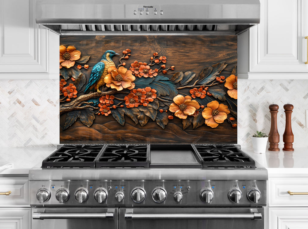 Elegant bird and floral backsplash vibrant blue bird with orange blossoms on luxury glass wall art for kitchen decor

