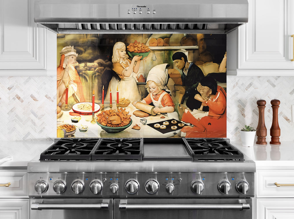 Whimsical baking scene glass kitchen backsplash – cozy childhood memories.

