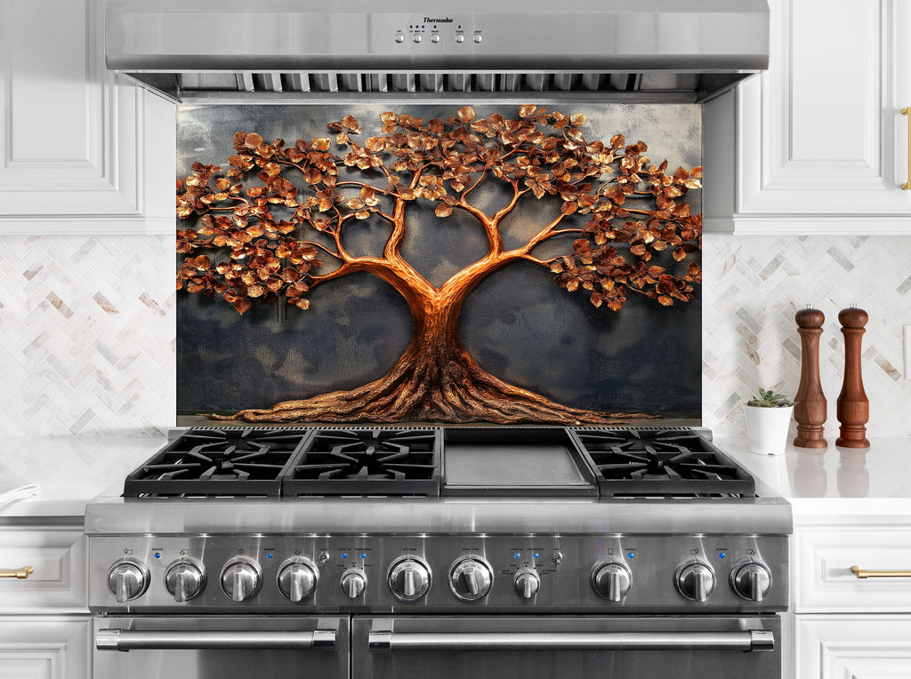 Luxury metallic tree backsplash copper finish embossed glass wall art panel for high end kitchen remodels

