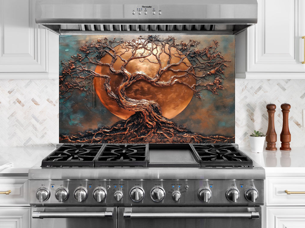 Elegant copper tree backsplash featuring full moon design embossed glass wall art perfect for modern kitchen decor

