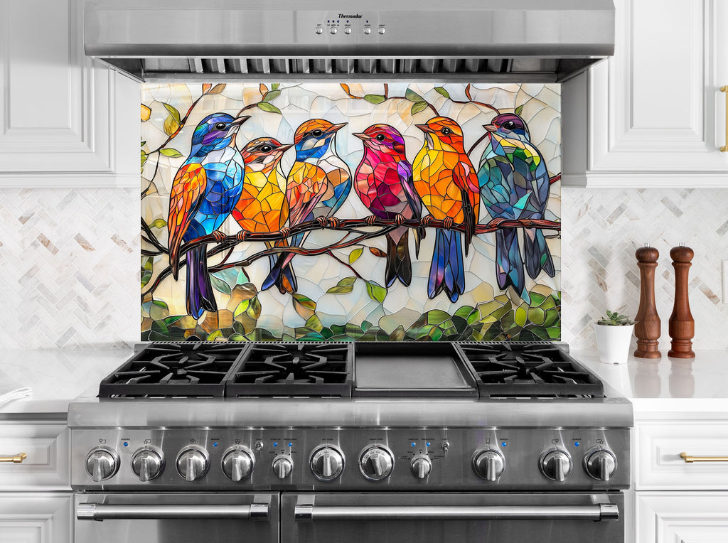 Colorful birds on branch backsplash glass, a lively and uplifting design for modern kitchens.

