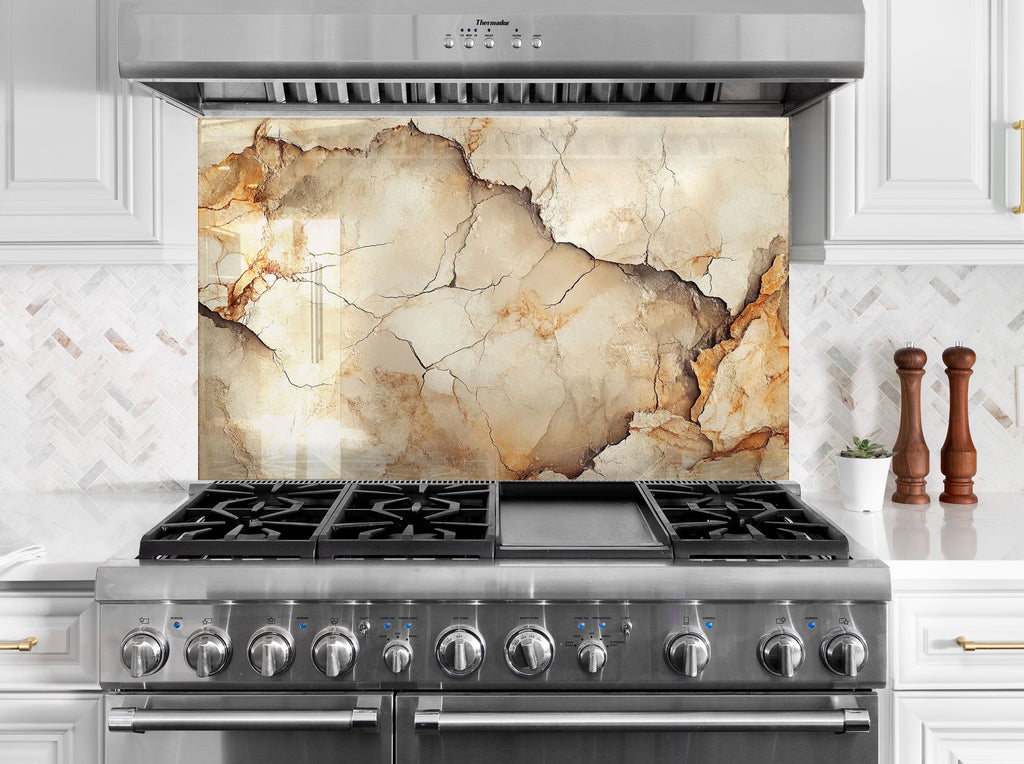 Luxury kitchen backsplash featuring natural stone effect in beige and copper tones.


