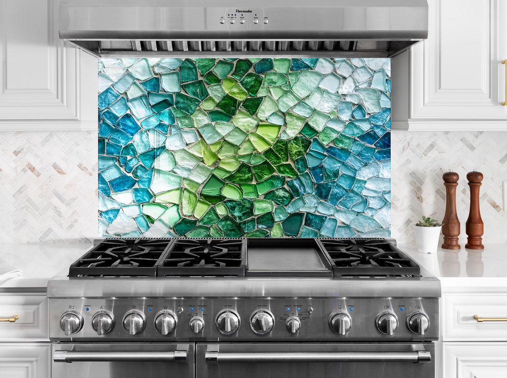 Colorful kitchen backsplash with green and blue shattered glass mosaic premium wall art panel for kitchens

