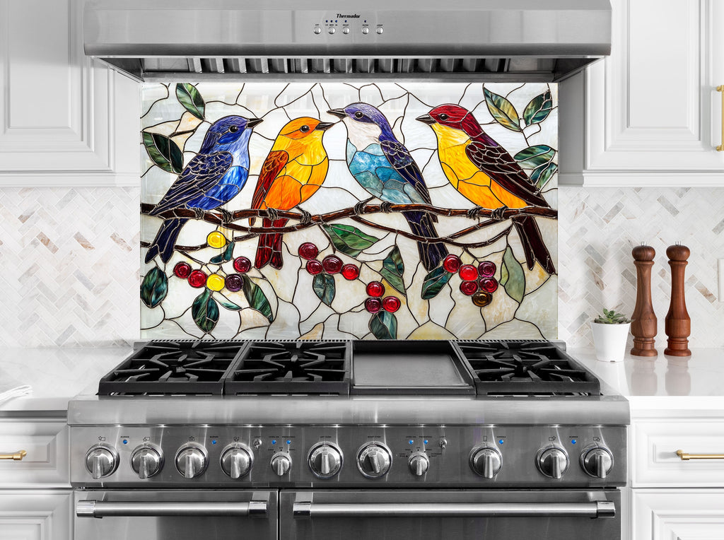 Backsplash glass art with vibrant songbirds design, adding lively charm to luxury and eclectic kitchen interiors.

