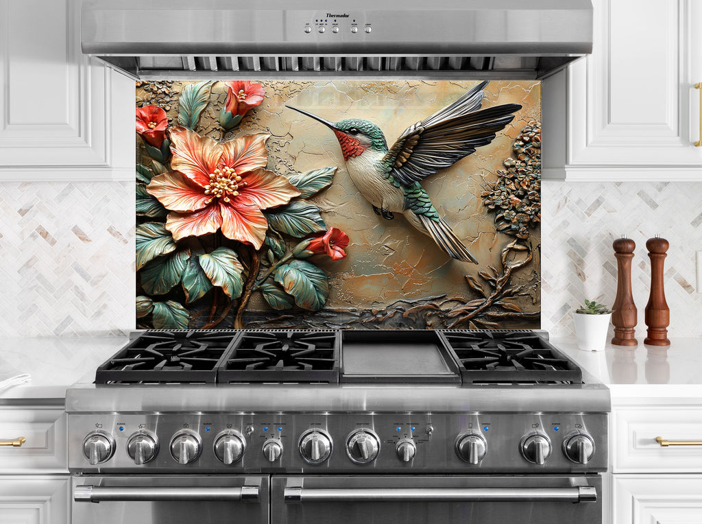 Tropical hummingbird with large bloom – vibrant decorative glass backsplash.

