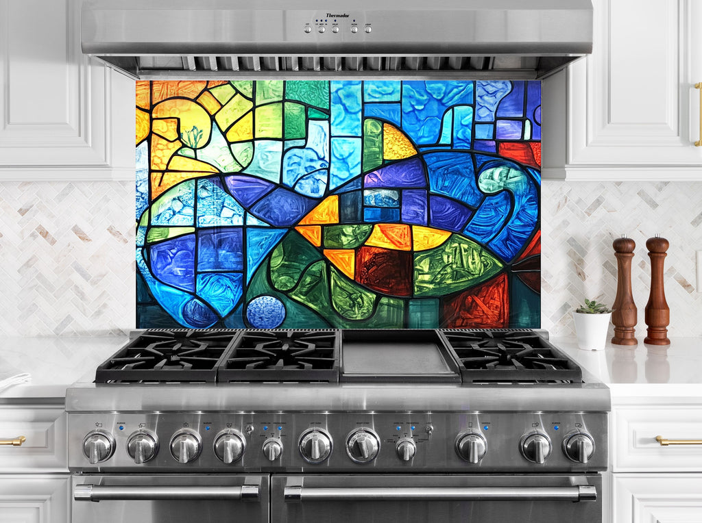 Luxury kitchen backsplash featuring colorful abstract stained glass pattern artistic textured backsplash glass art ideal for stylish spaces

