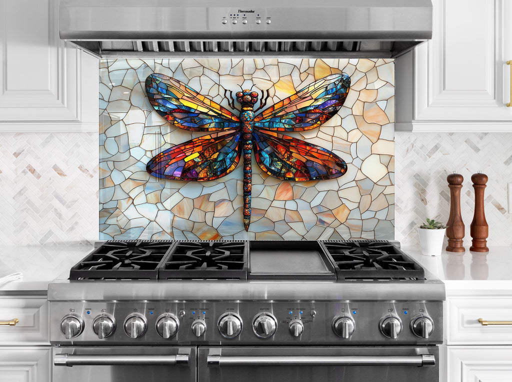Backsplash glass art featuring a vivid dragonfly, perfect for nature-inspired kitchen decor.

