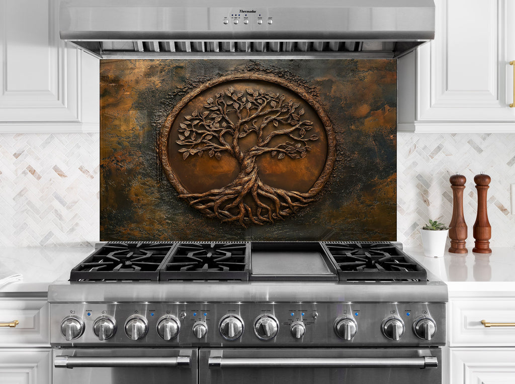 Rustic tree of life backsplash embossed metal textured glass wall art for luxury kitchen interiors

