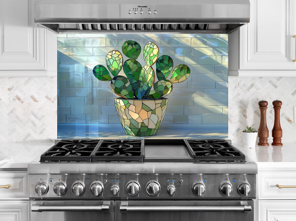 Colorful cactus backsplash glass, adding a lively and natural touch to kitchen decor.

