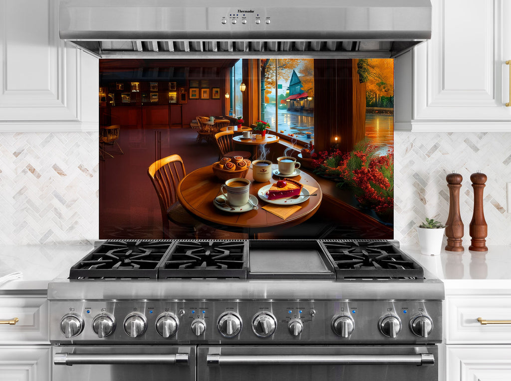 Cozy café scene glass kitchen backsplash with warm autumn tones – inviting charm.

