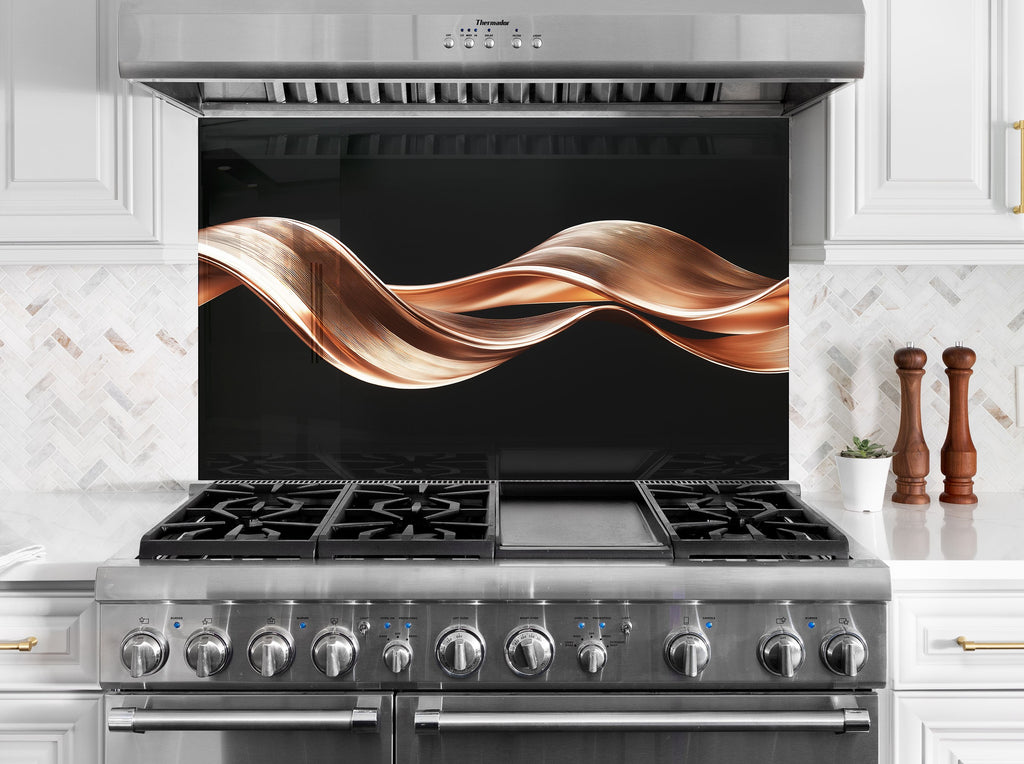 Modern abstract kitchen backsplash featuring flowing copper waves on black background artistic textured backsplash glass art for luxury interiors

