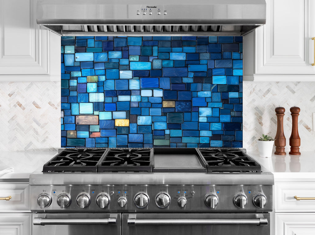 Blue mosaic kitchen backsplash vibrant textured tiles on premium backsplash glass art panel perfect for modern kitchen interiors

