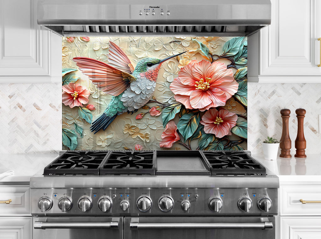 Pastel hummingbird with pink hibiscus flowers – artistic glass backsplash.

