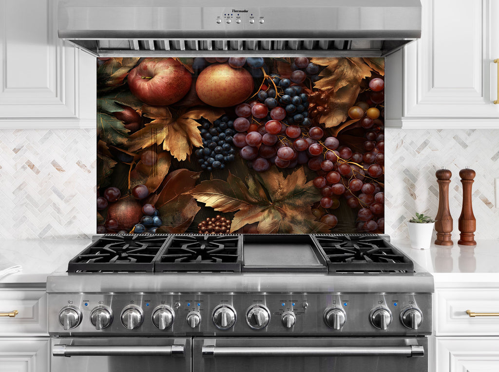 Fruit themed kitchen backsplash with grapes apples and golden leaves luxury textured glass wall art for elegant interiors

