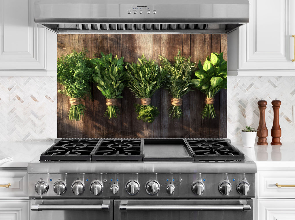 Fresh herbs kitchen backsplash rustic wood background design for farmhouse style kitchen with vibrant backsplash glass art

