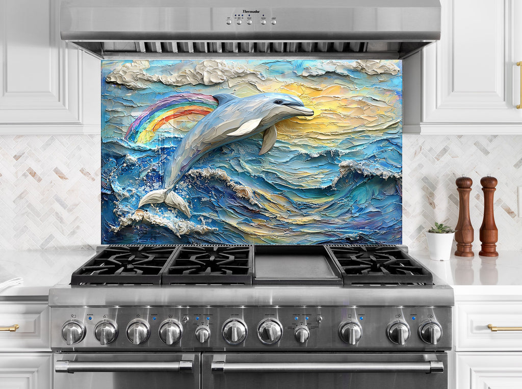Joyful dolphin jumping with rainbow backdrop – colorful ocean-themed glass backsplash.

