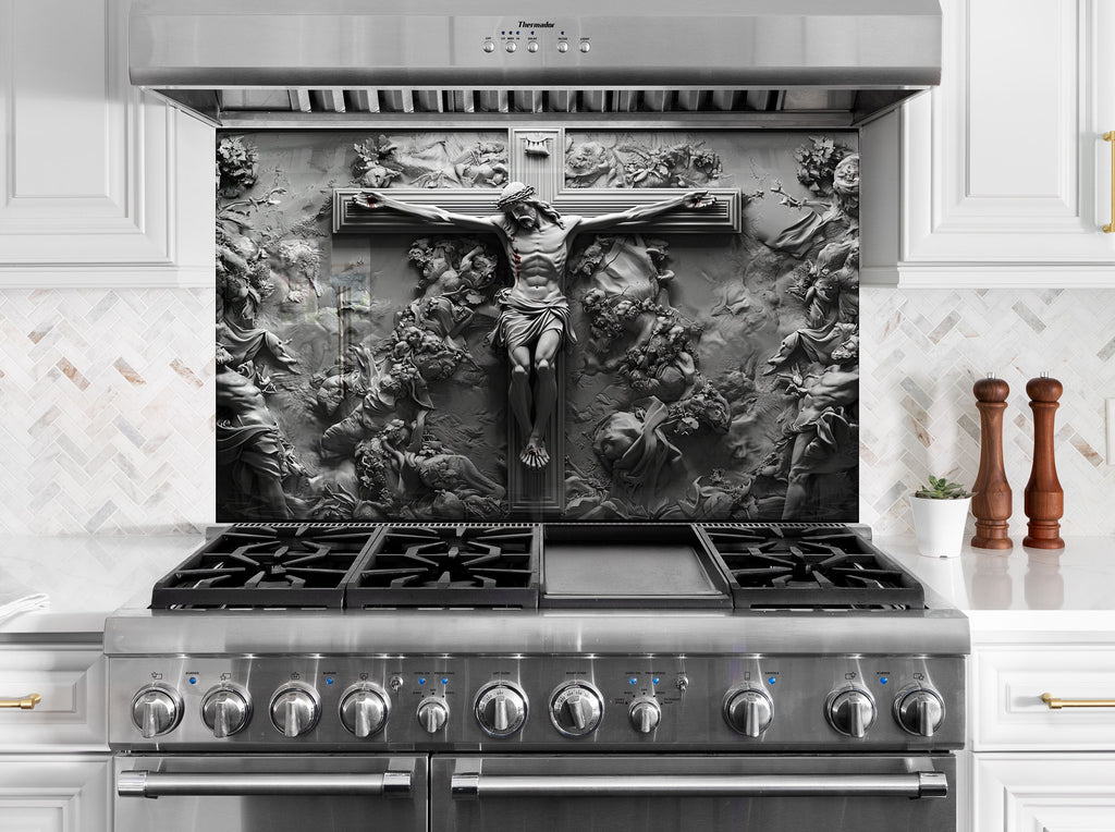 Backsplash glass art featuring emotional crucifixion scene, elegant religious design for timeless kitchen decor.

