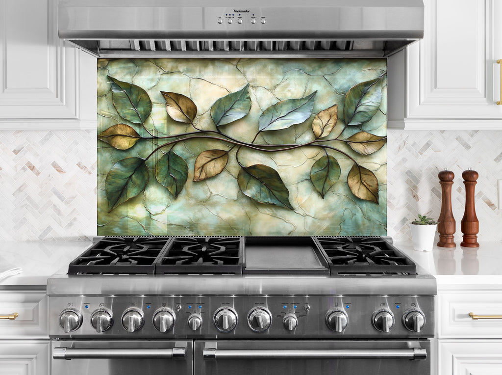 Backsplash glass art featuring organic leafy branch design, perfect for nature-inspired and luxurious kitchen interiors.


