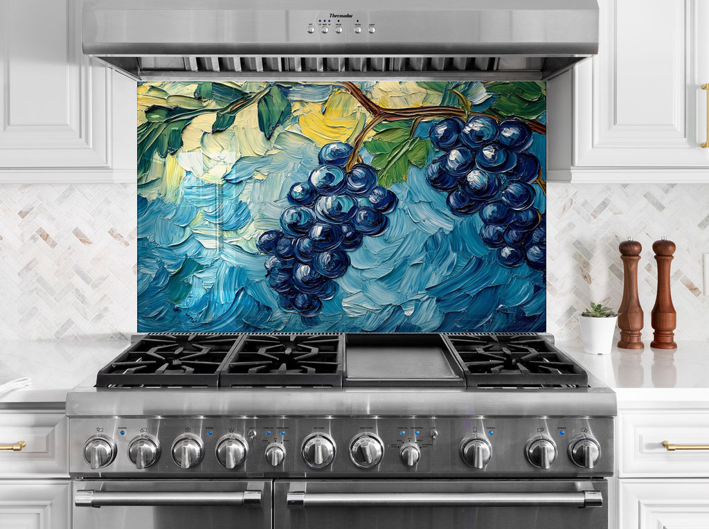 Artistic grape cluster glass kitchen backsplash with bold textured brushstrokes – ideal for rustic gourmet spaces.

