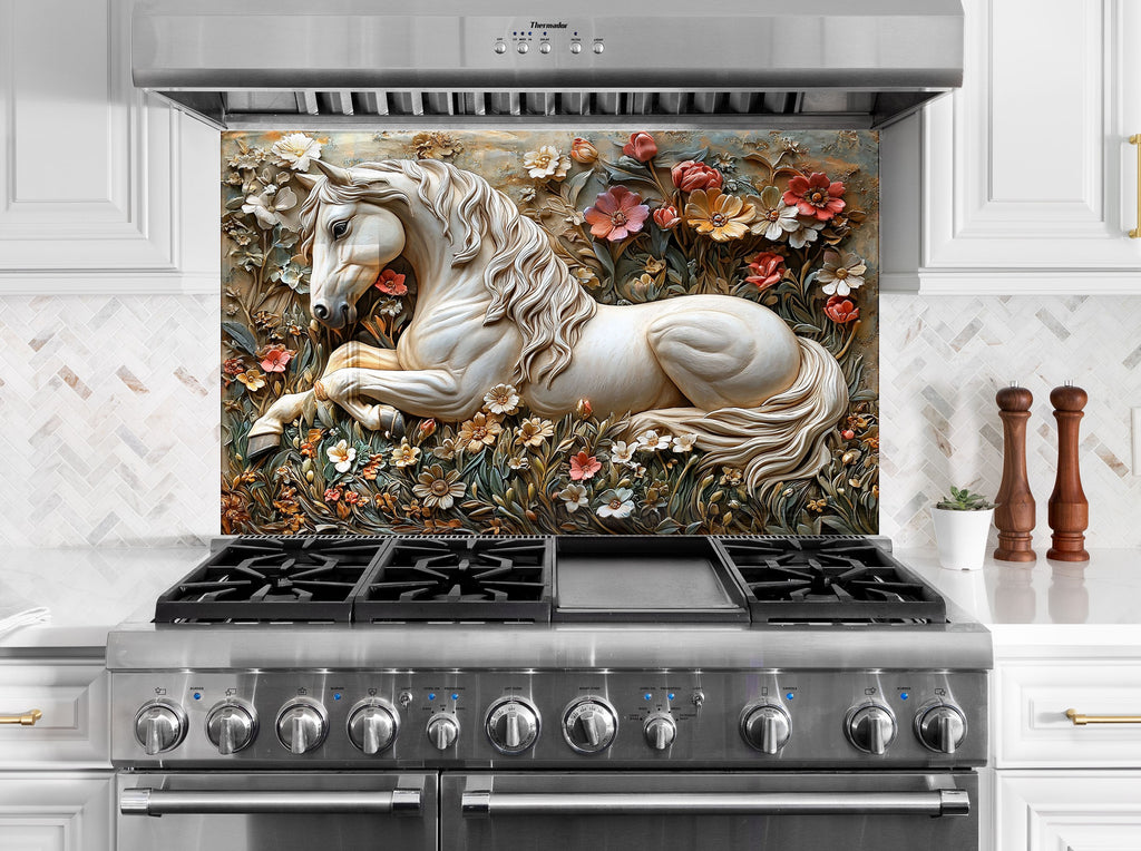 Elegant horse surrounded by wildflowers – decorative glass backsplash art.

