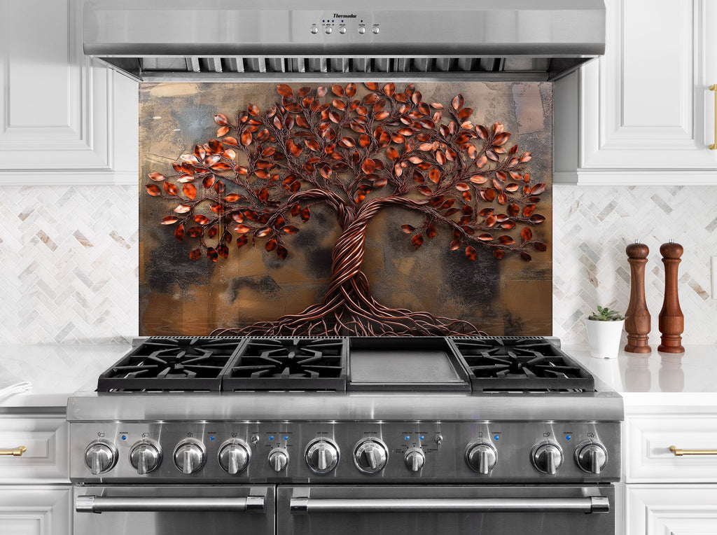 Elegant copper tree backsplash premium twisted root design on textured glass wall panel perfect for stylish kitchens

