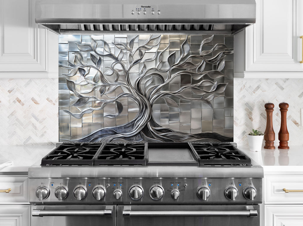 Silver tree of life backsplash metallic textured glass wall art panel for luxury modern kitchen designs

