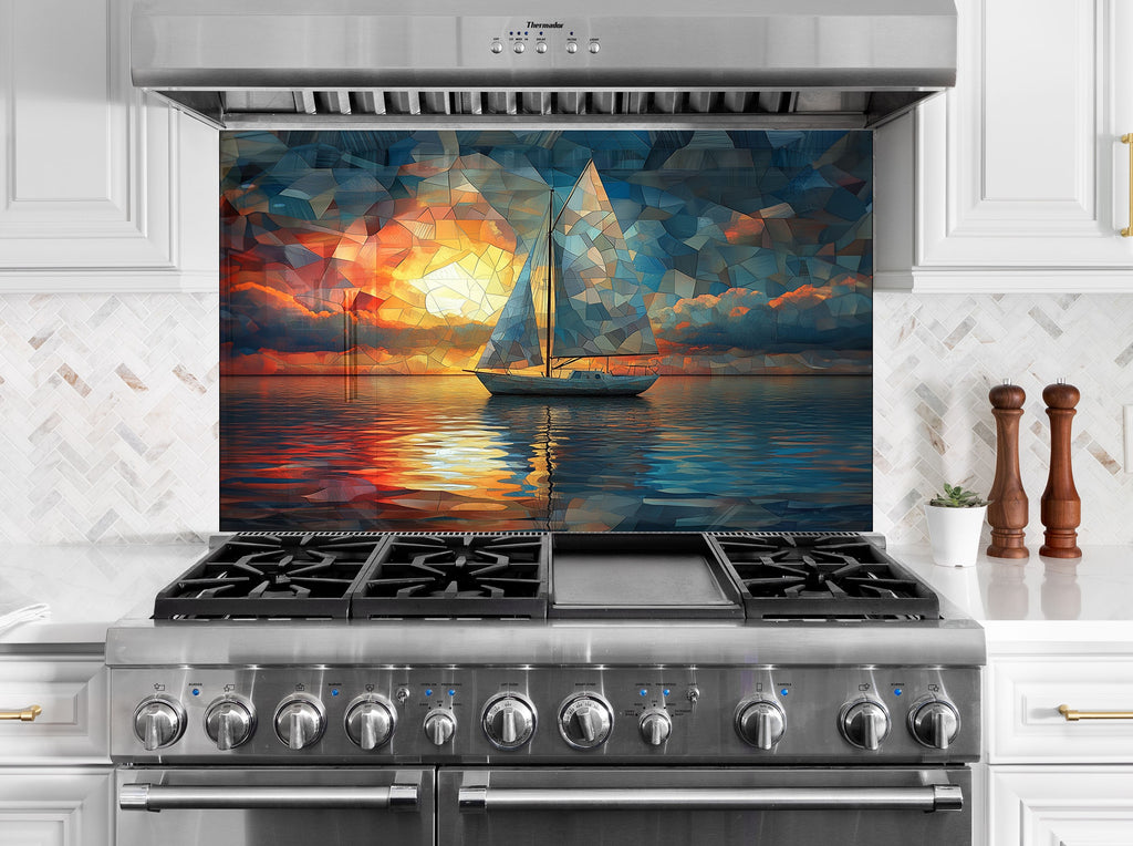 Backsplash glass art with serene sailboat and vibrant sunset reflections, perfect for coastal and luxury kitchen decor.

