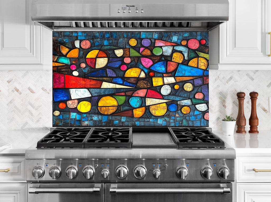 Modern kitchen backsplash with abstract colorful glass mosaic premium glass wall art decor for creative interiors


