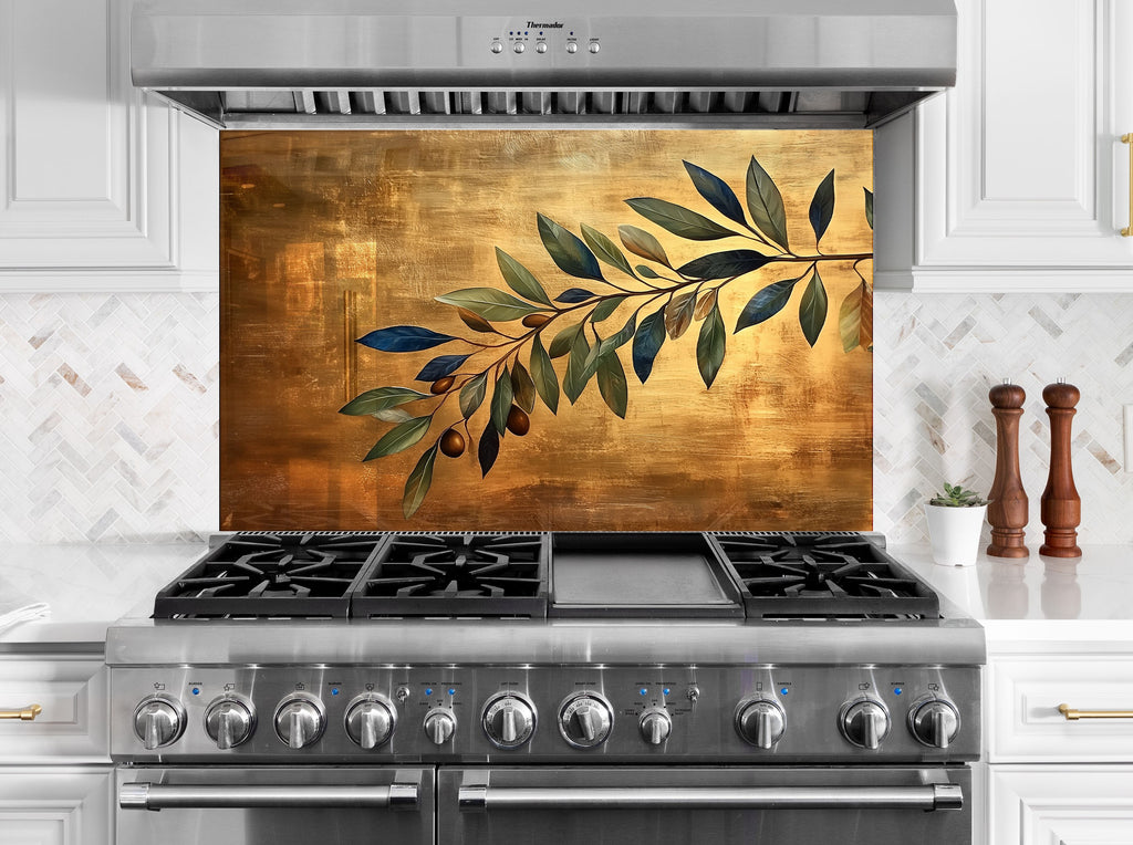 Olive branch backsplash artistic golden glass wall art panel perfect for elegant and contemporary kitchen spaces

