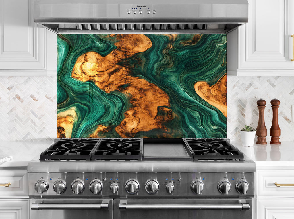 Abstract marble kitchen backsplash vibrant emerald green and gold swirl design premium textured backsplash glass art for modern interiors

