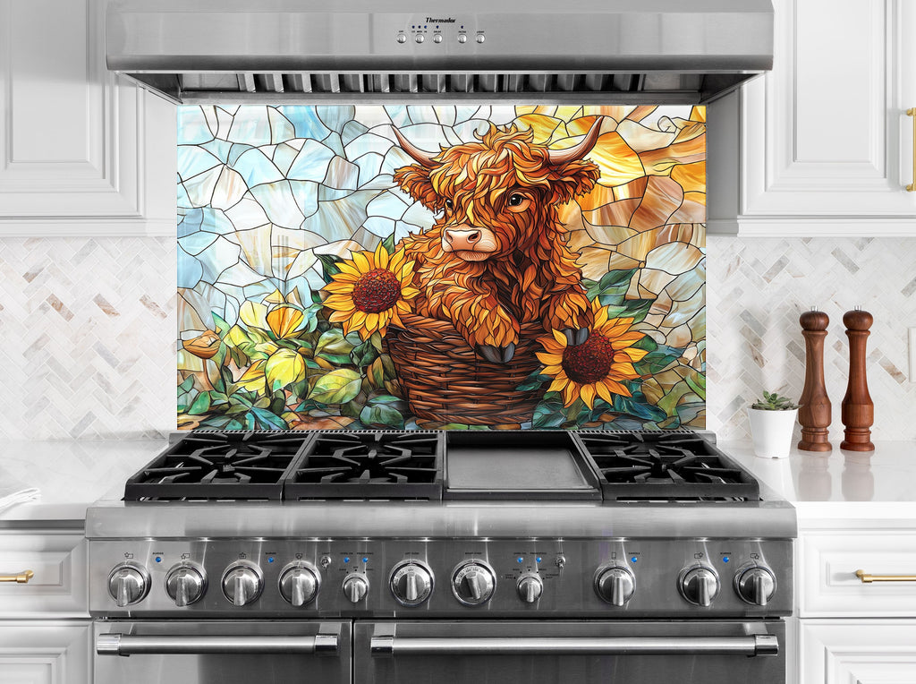 Charming backsplash glass art with a fluffy cow and sunflowers, perfect for cozy farmhouse kitchens.

