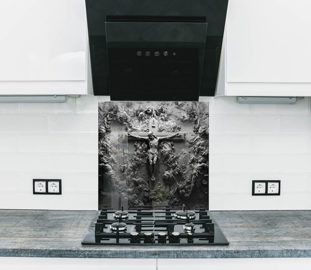 Inspirational backsplash glass art with sacred crucifixion motif, perfect for faith-centered and classic interiors.

