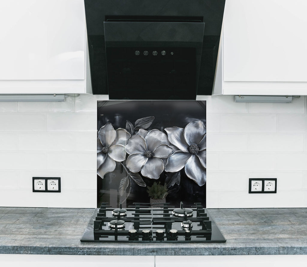 Elegant silver floral backsplash premium glass wall art featuring embossed metallic flowers for contemporary kitchens

