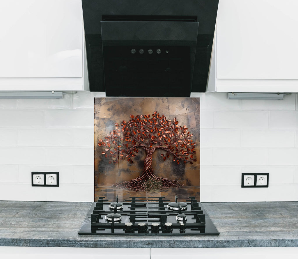 Copper tree of life kitchen backsplash rustic embossed textured glass wall art for luxury modern interiors

