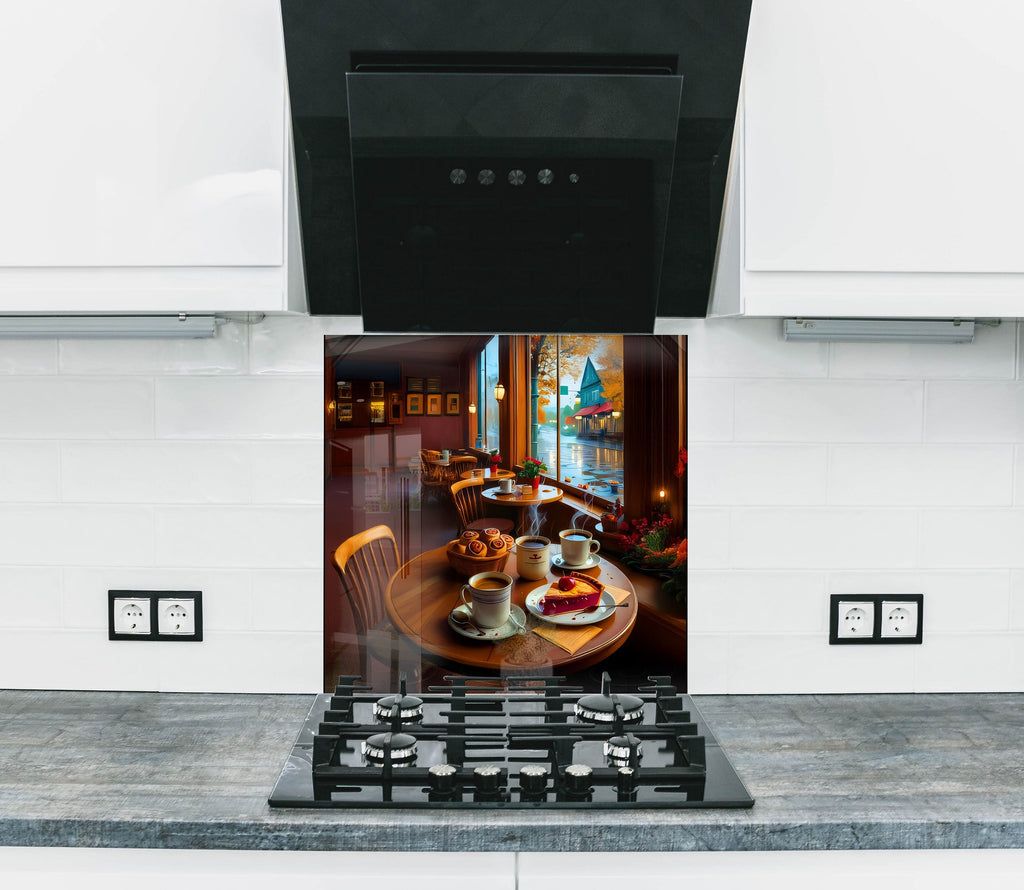 Steamy coffee and pastry shop backsplash in glass – a cozy kitchen escape.

