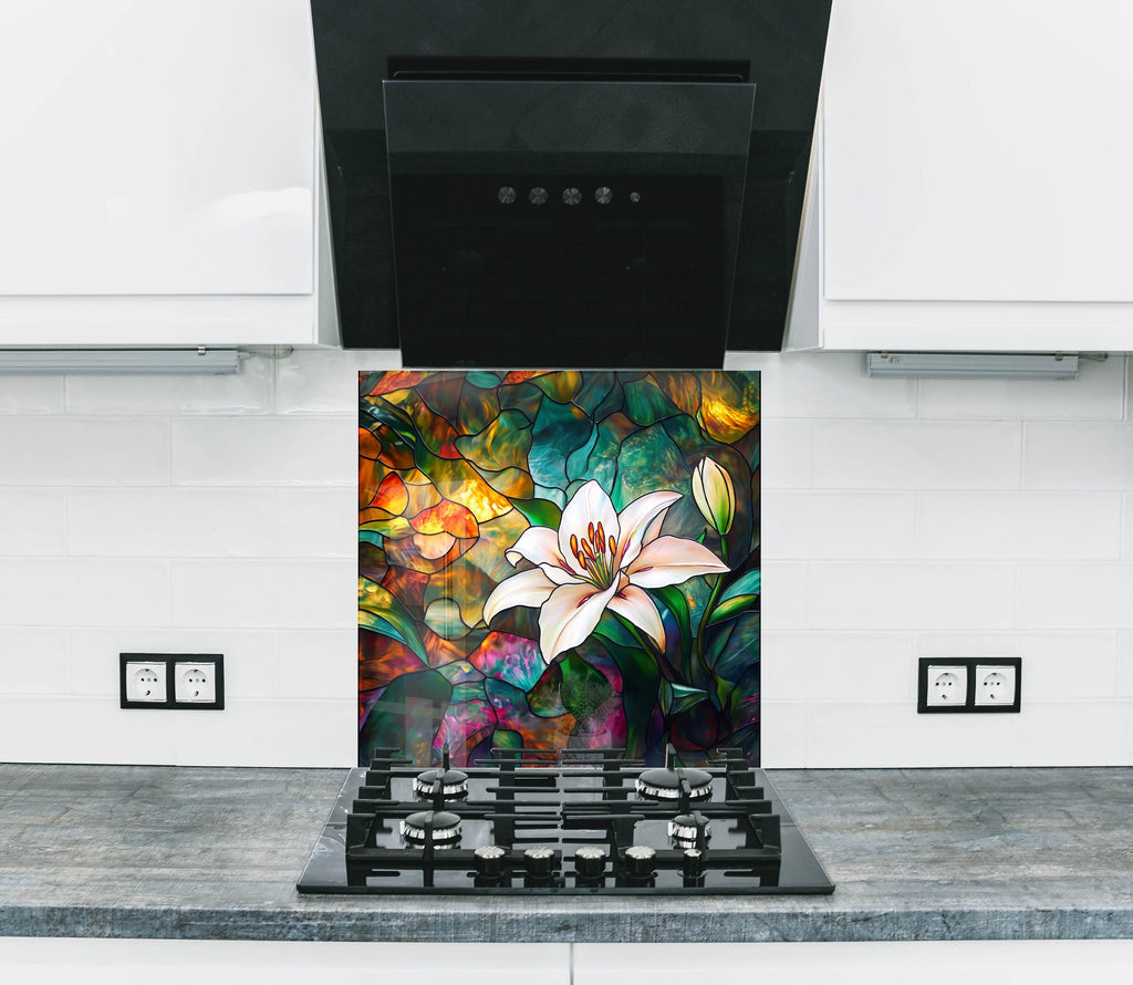 Elegant backsplash glass art with a vibrant white lily stained glass design, perfect for colorful luxury kitchens.

