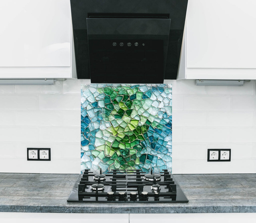 Green and blue mosaic backsplash vibrant textured glass wall art for modern kitchen decor

