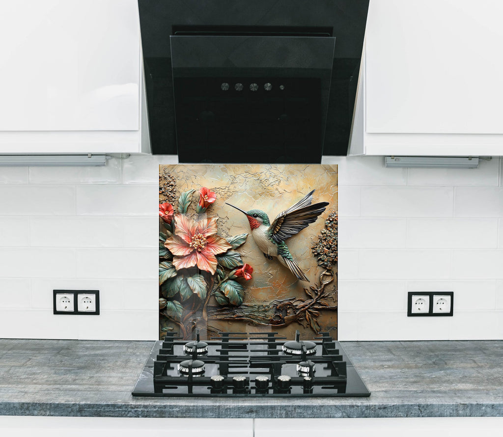 Hummingbird flying beside red hibiscus flower – elegant glass backsplash design.

