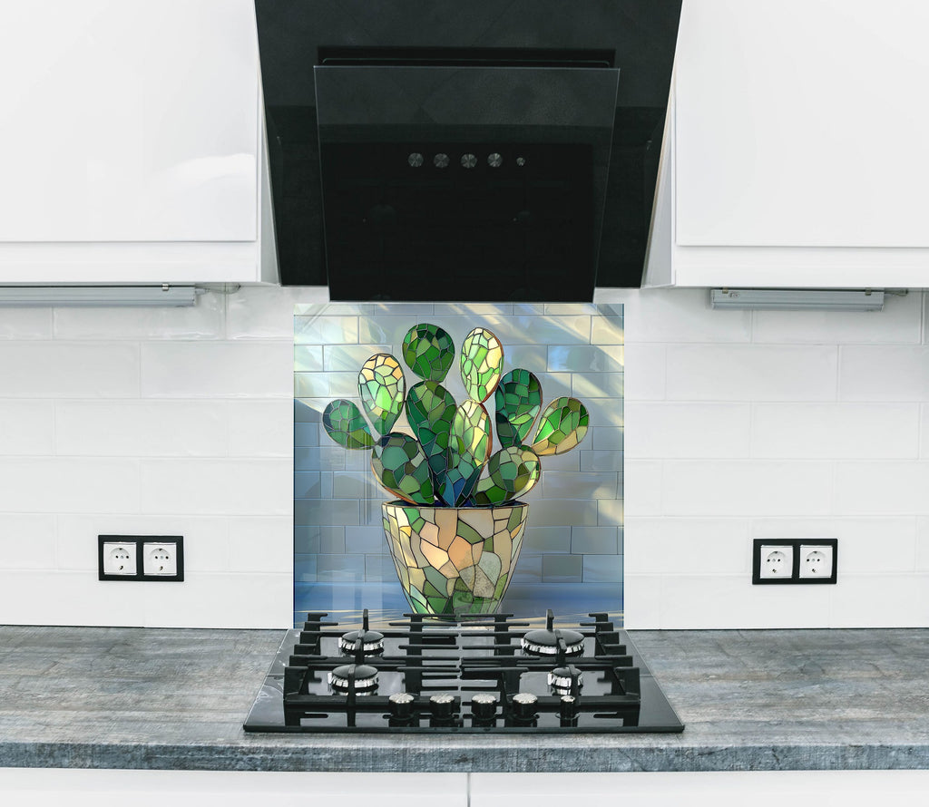 Backsplash glass art featuring a vibrant cactus design, perfect for boho and desert-style kitchens.

