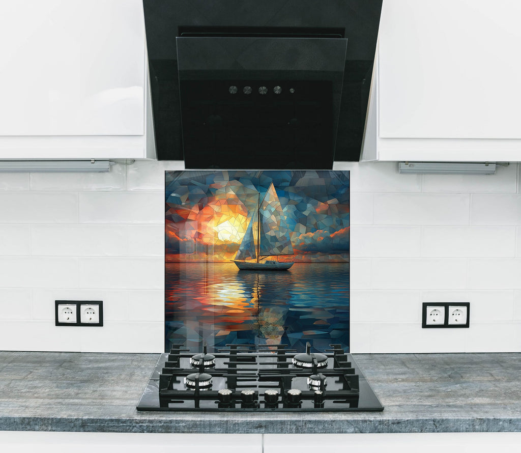 Elegant backsplash glass panel featuring a tranquil sailboat at sunset, ideal for nautical and ocean-inspired kitchens.


