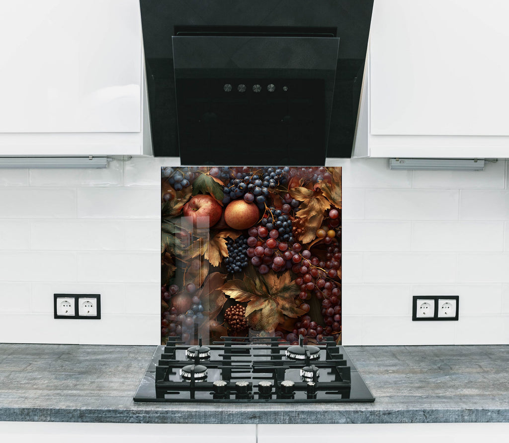 Elegant kitchen backsplash featuring grapes apples and autumn leaves premium textured glass wall art panel

