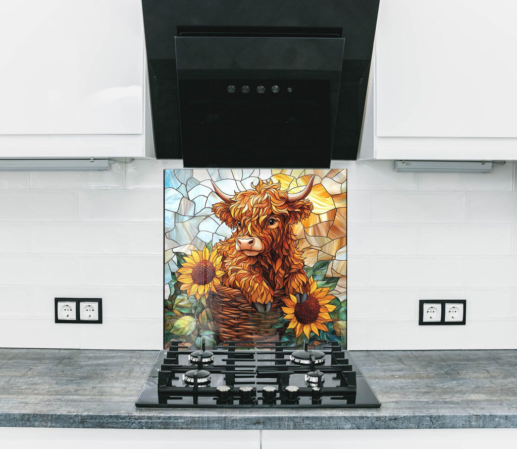 Adorable cow and sunflower backsplash glass, bringing a touch of rustic warmth to kitchen decor.

