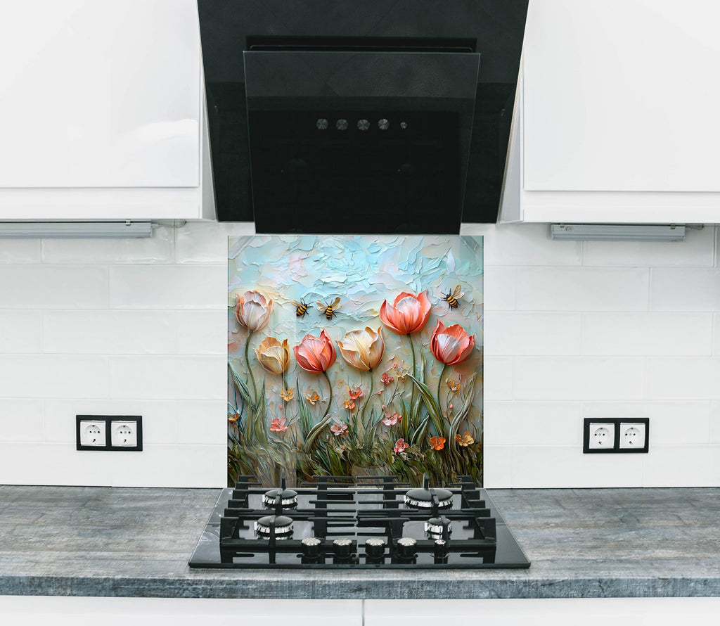Colorful tulips and bees design glass backsplash – perfect for a lively and cheerful kitchen space.

