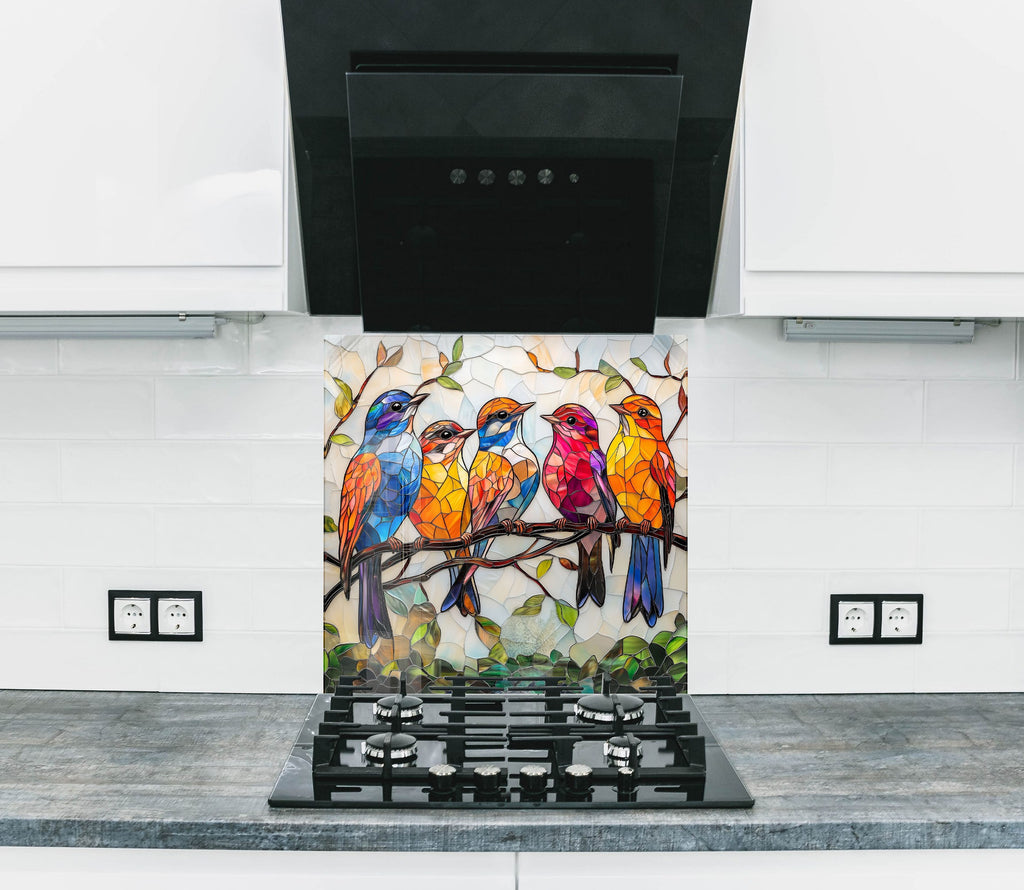Backsplash glass art with vibrant birds, perfect for colorful and artistic kitchen decor.

