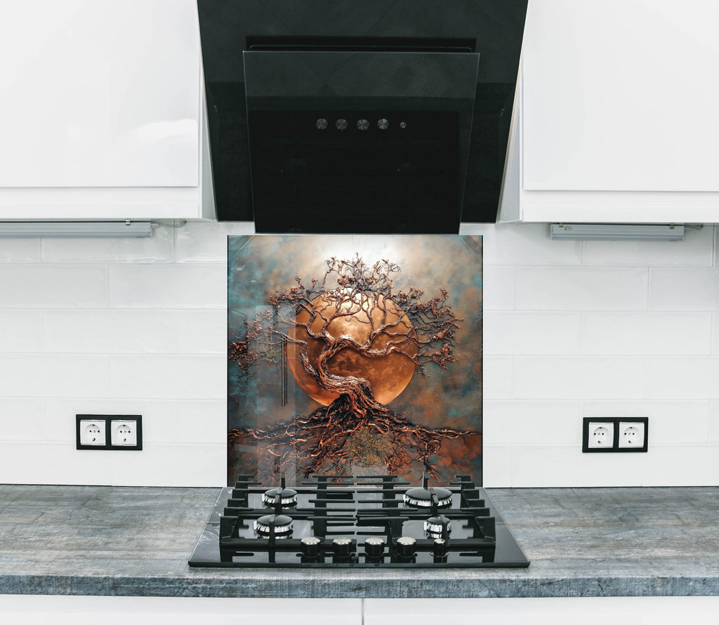 Copper tree of life kitchen backsplash with moon backdrop artistic textured glass wall art for luxury interiors


