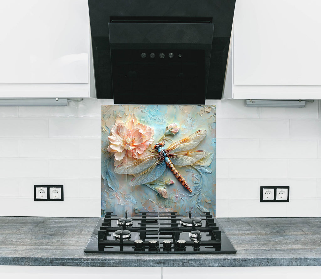 Elegant dragonfly and blooming flower art – artistic glass backsplash panel.

