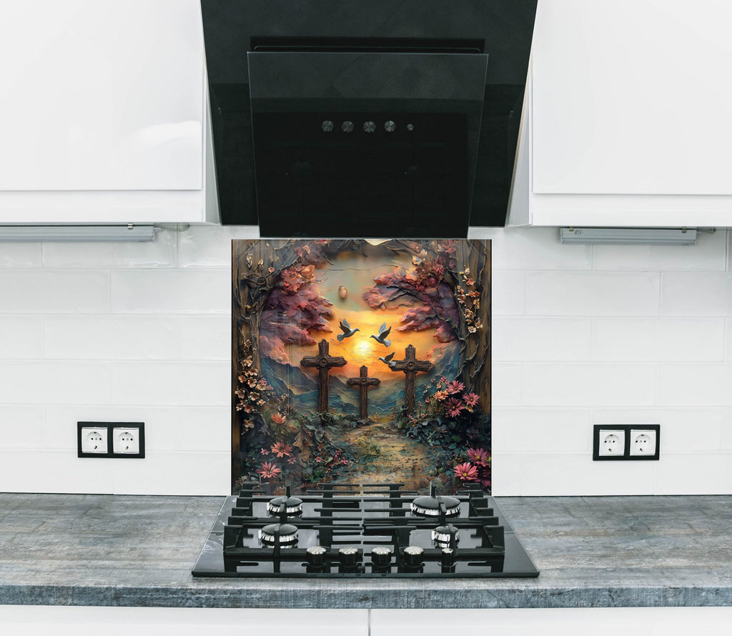 Faithful Sunrise - Three Crosses Glass Kitchen Backsplash-BacksplashArtworks