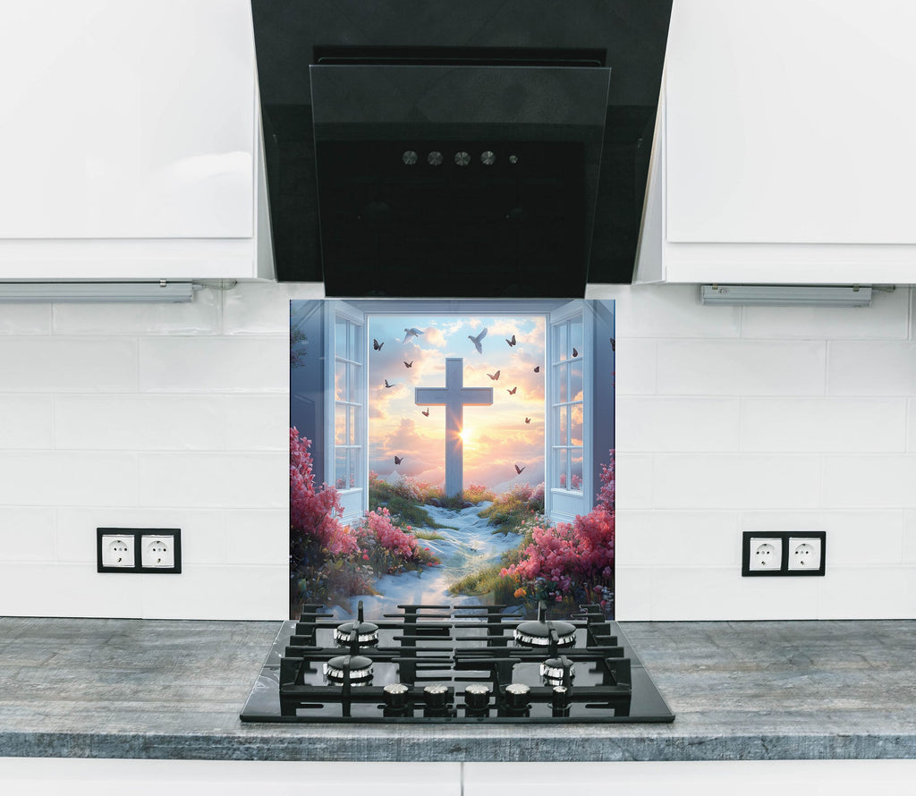Heaven's Light - Cross & Sunrise Glass Kitchen Backsplash-BacksplashArtworks