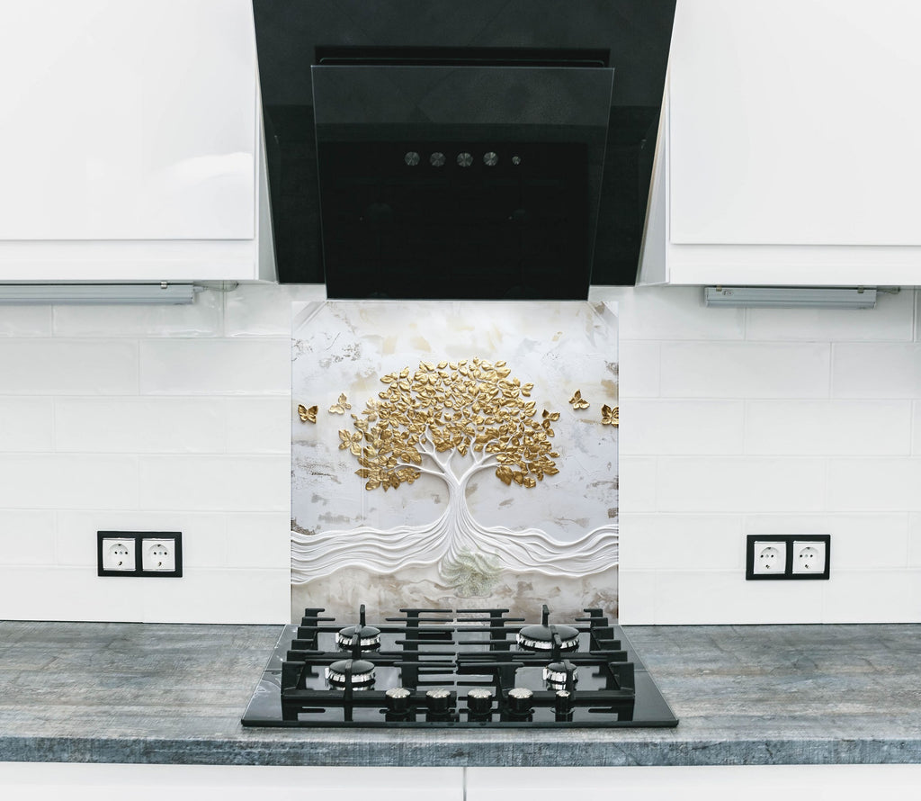 Golden tree backsplash artistic glass wall art with textured white roots for luxury kitchen decor

