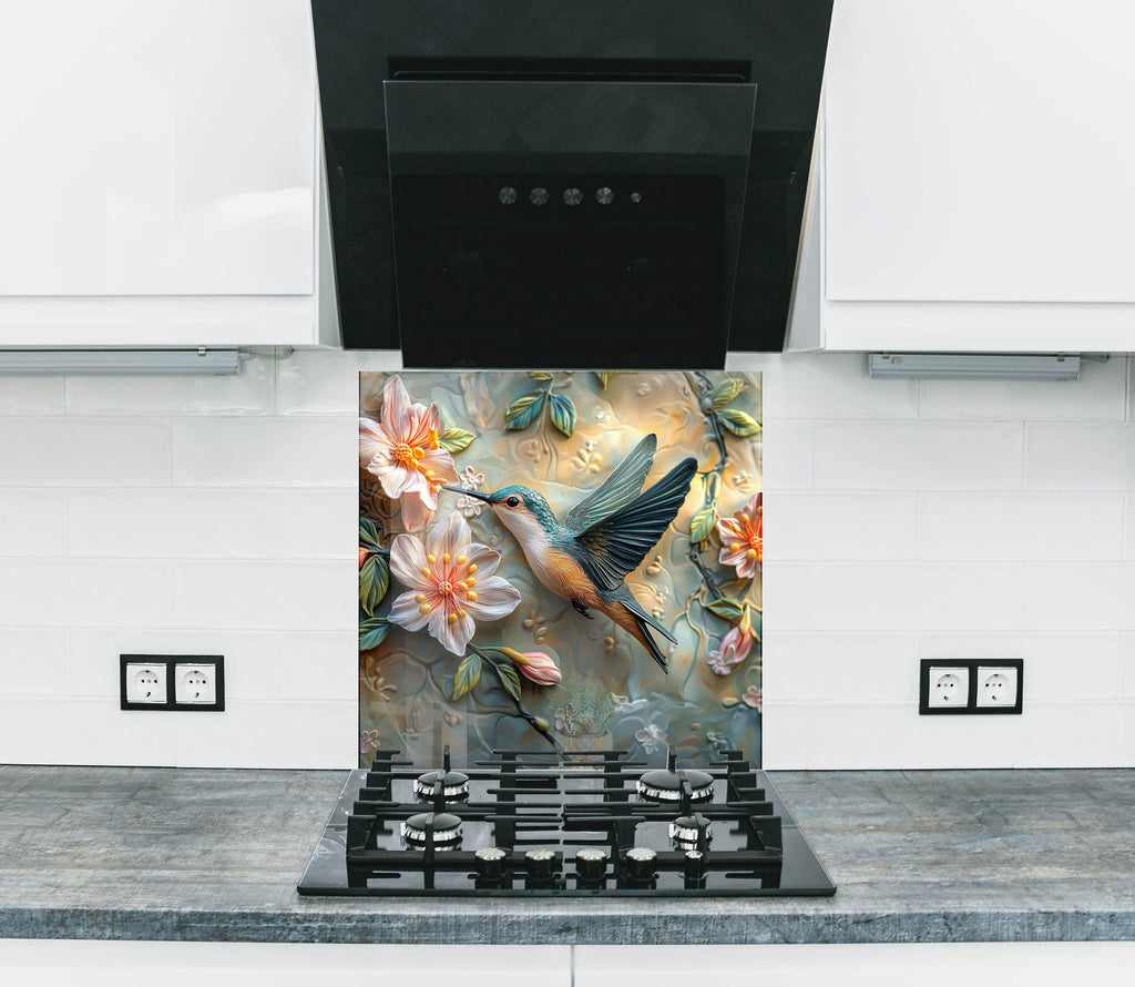Colorful hummingbird sipping nectar from spring flowers – artistic glass backsplash.

